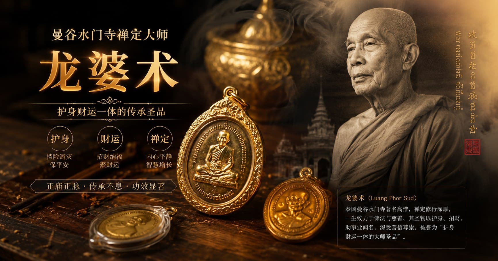 龙婆术:曼谷水门寺禅定大师,护身财运一体的传承圣品